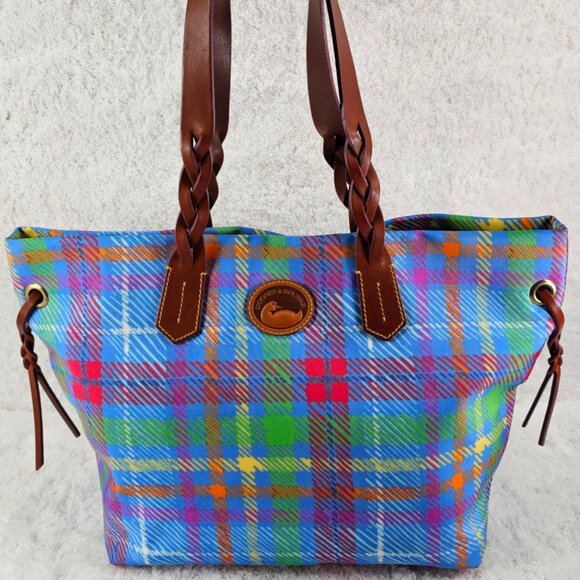 DOONEY & BOURKE Pastel Blue Tartan Plaid Nylon Coated Canvas Lg Tote Shopper - Picture 1 of 15